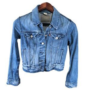 Levis Women's Blue Denim Trucker Jacket XS Circa 2014 Button Up Collared Retro